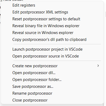 Postprocessors panel popup menu